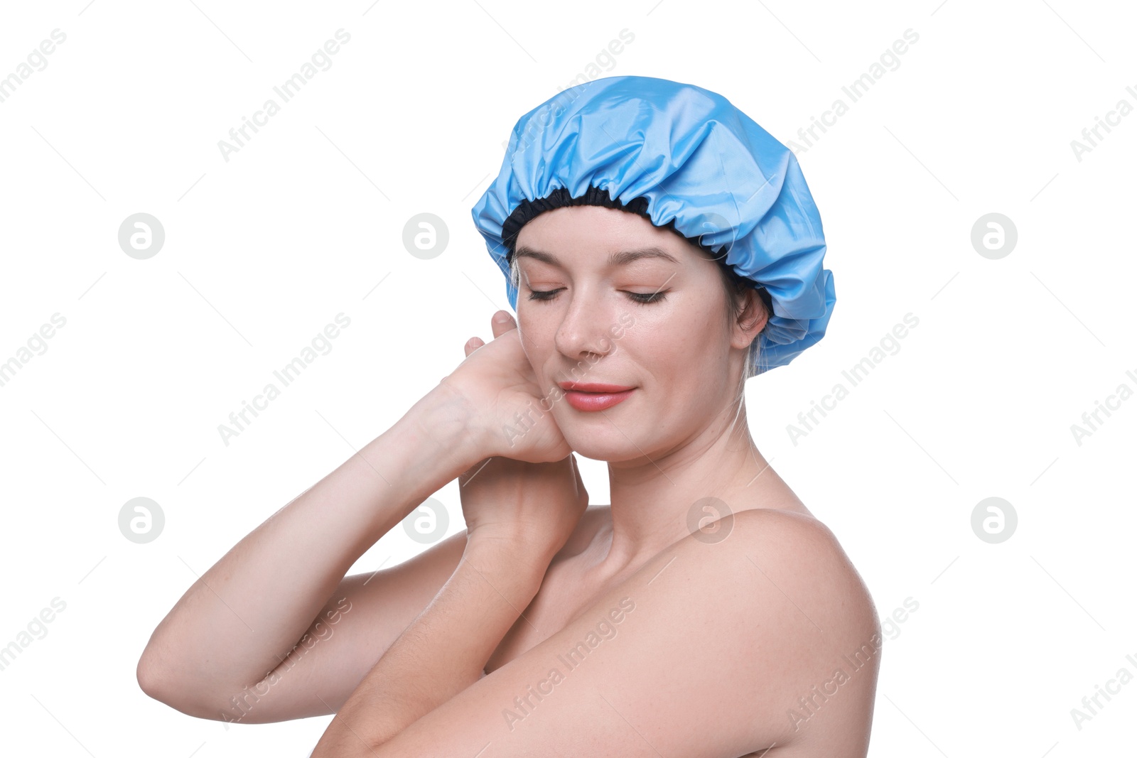 Photo of Woman wearing blue shower cap on white background