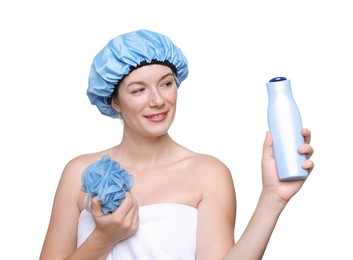 Woman with blue shower cap, mesh sponge and shampoo on white background