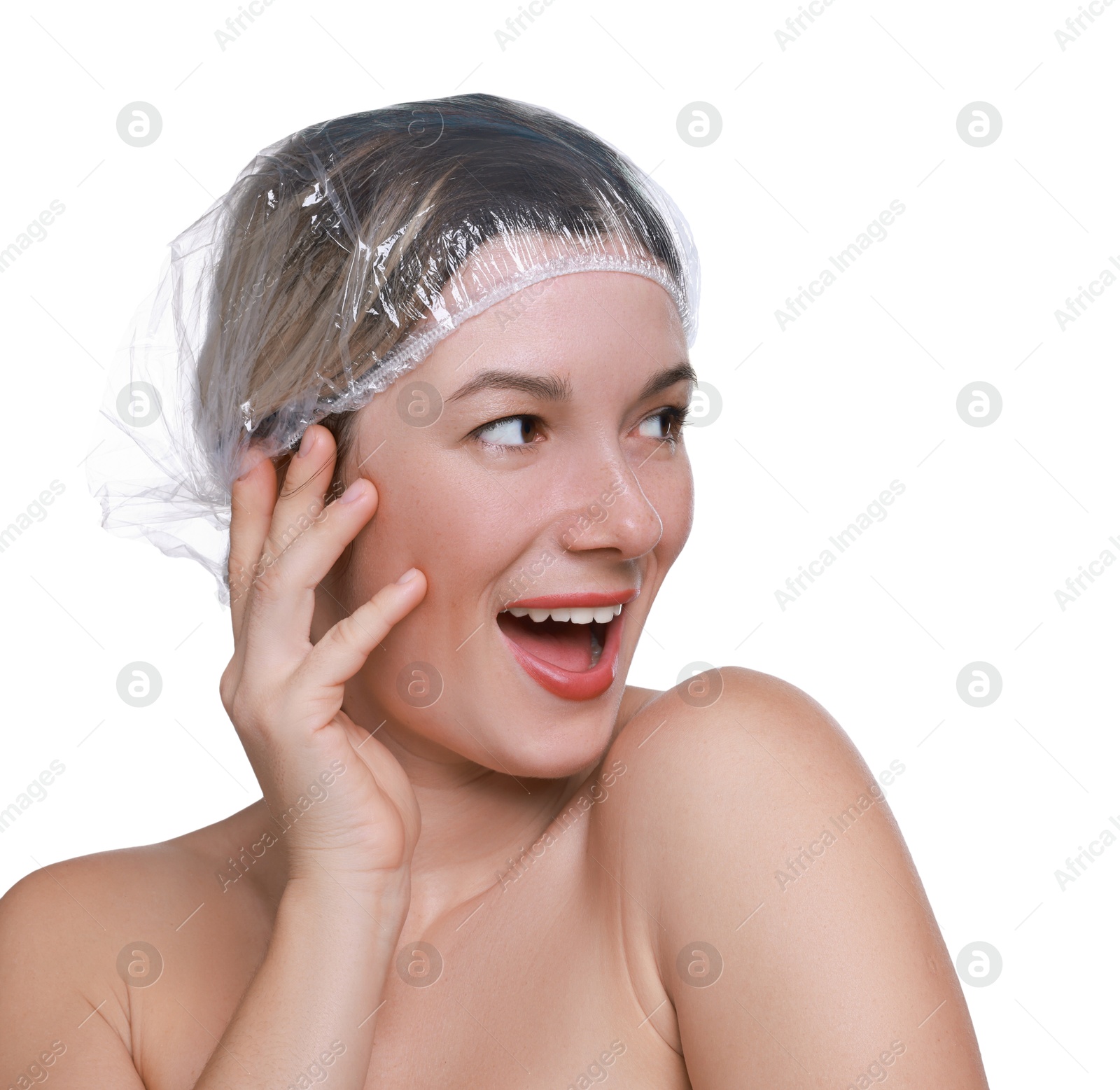 Photo of Woman in shower cap on white background