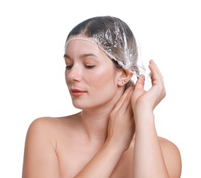 Photo of Woman wearing shower cap on white background