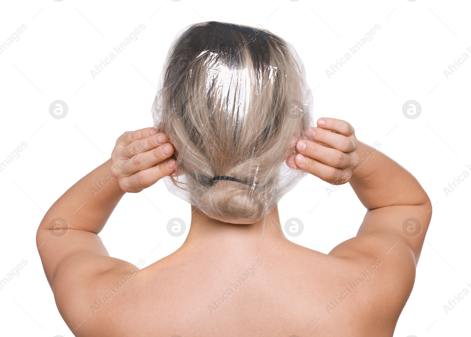 Photo of Woman wearing shower cap on white background, back view