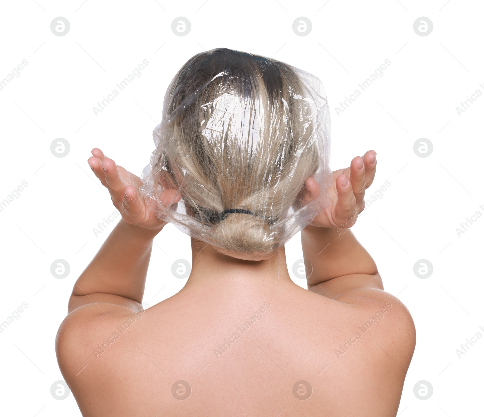 Photo of Woman wearing shower cap on white background, back view