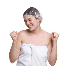 Woman in shower cap on white background