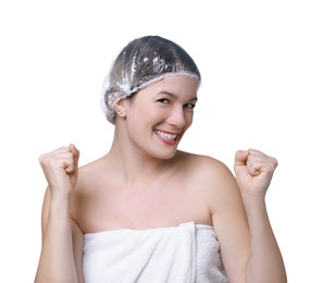 Photo of Woman in shower cap on white background