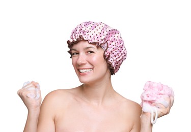 Photo of Woman with shower cap and mesh sponge on white background