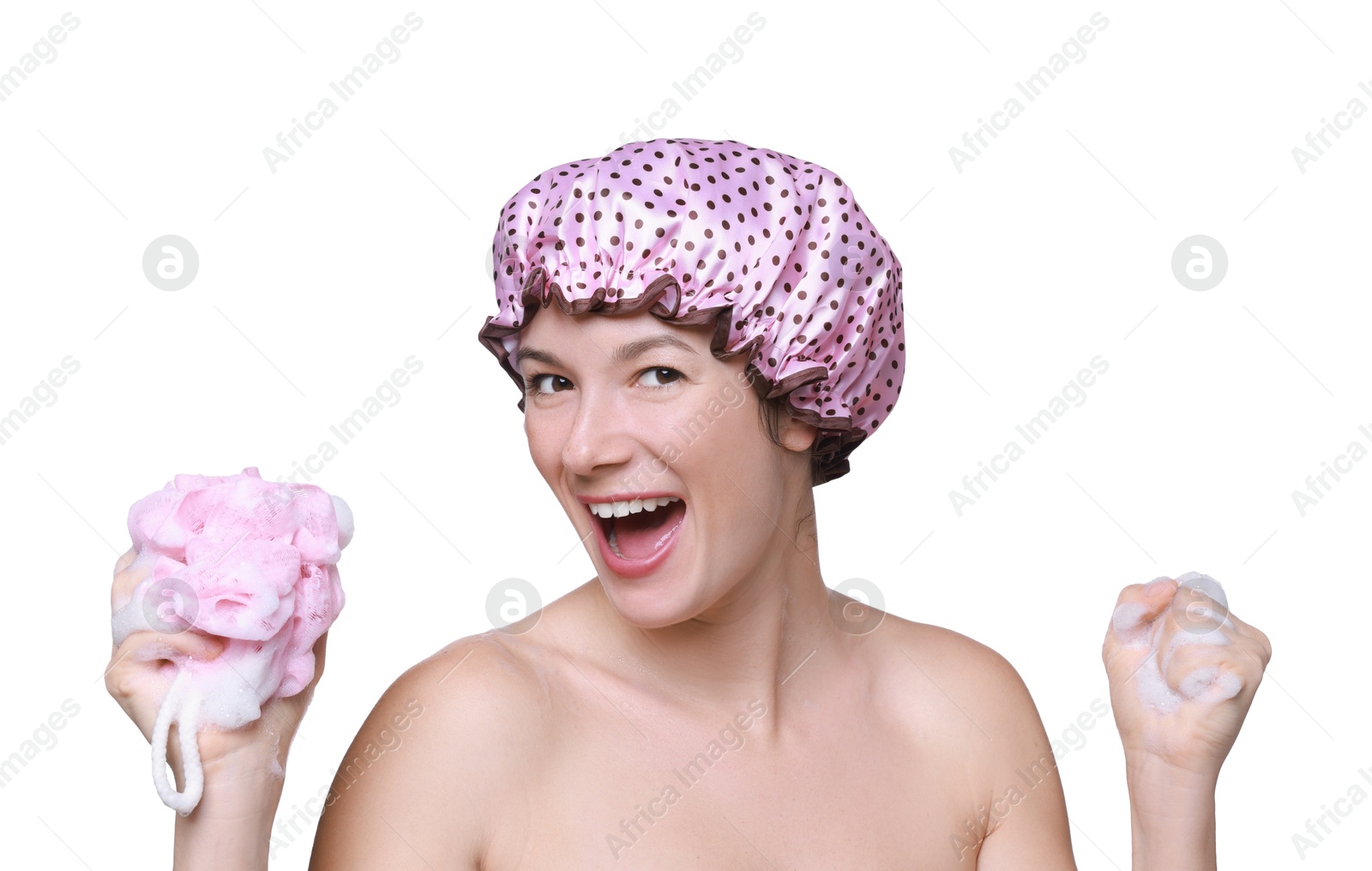 Photo of Woman with shower cap and mesh sponge on white background