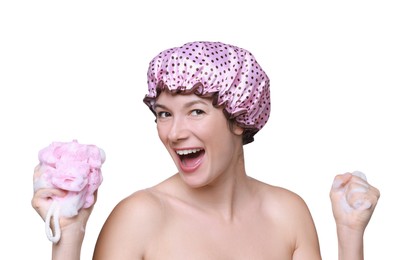 Woman with shower cap and mesh sponge on white background