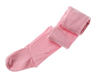 Photo of Pink child's tights isolated on white, top view