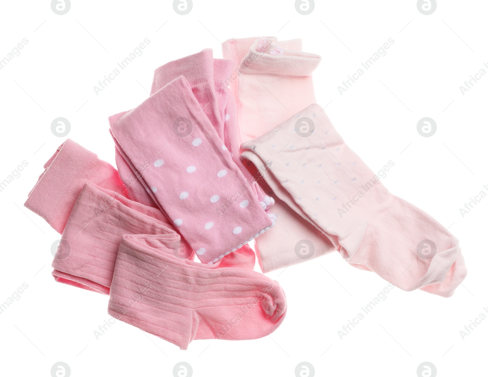 Photo of Pink child's tights isolated on white, top view