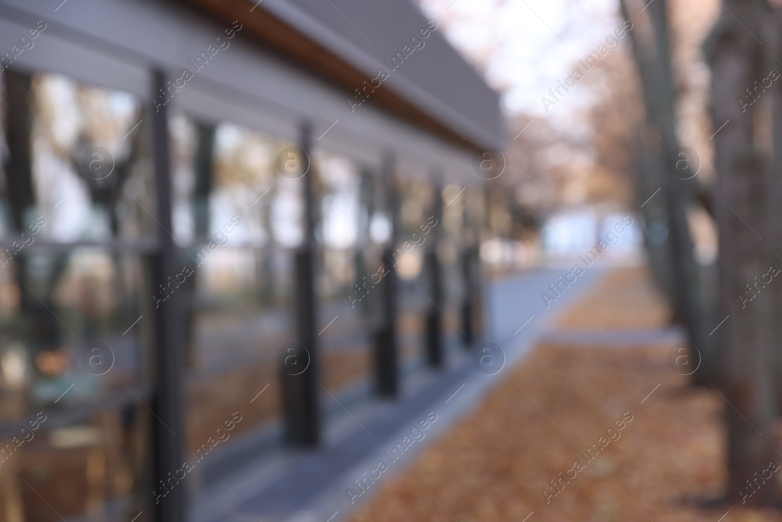 Photo of Stylish restaurant on city street, blurred view