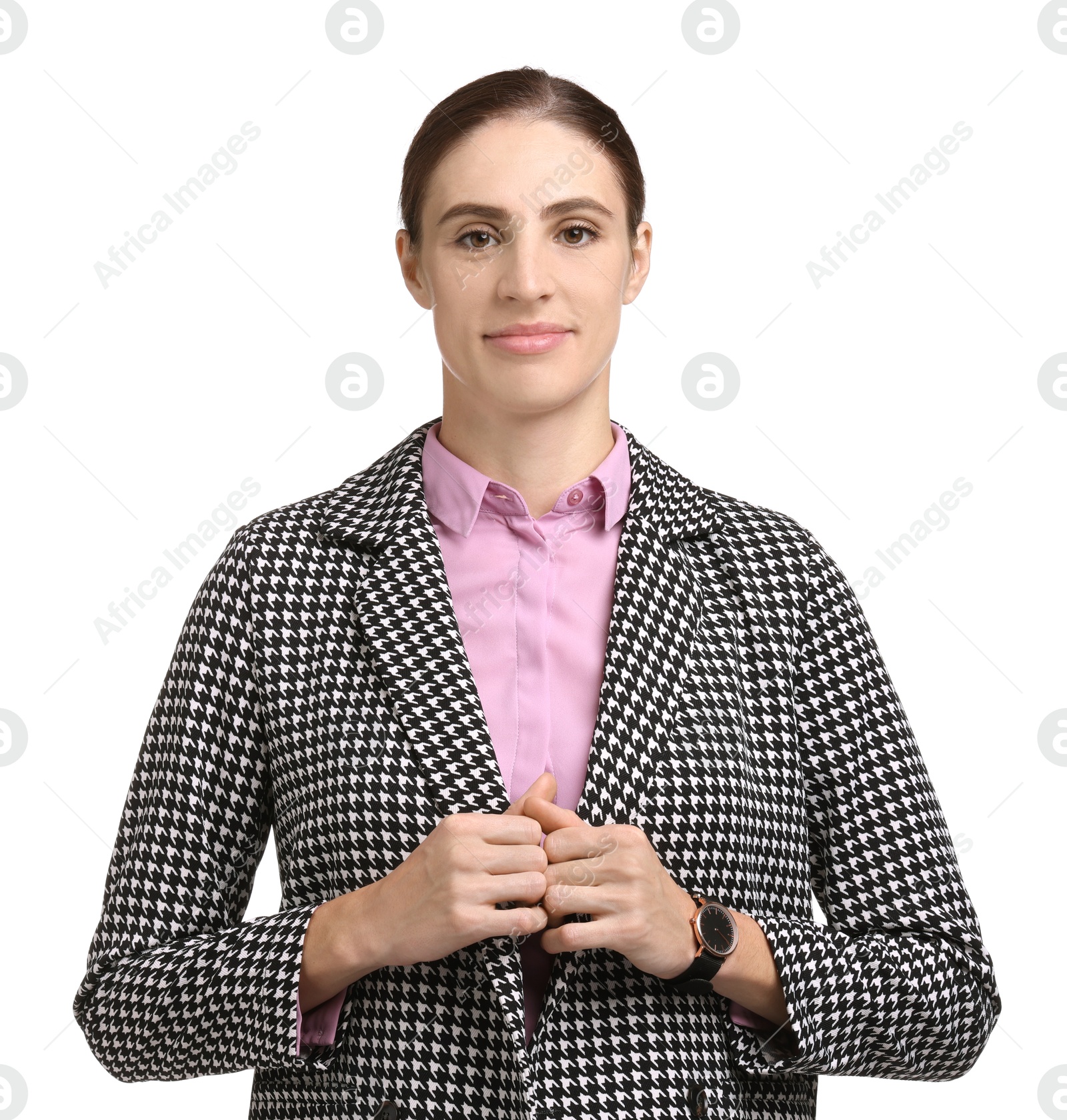 Photo of Portrait of banker in jacket on white background