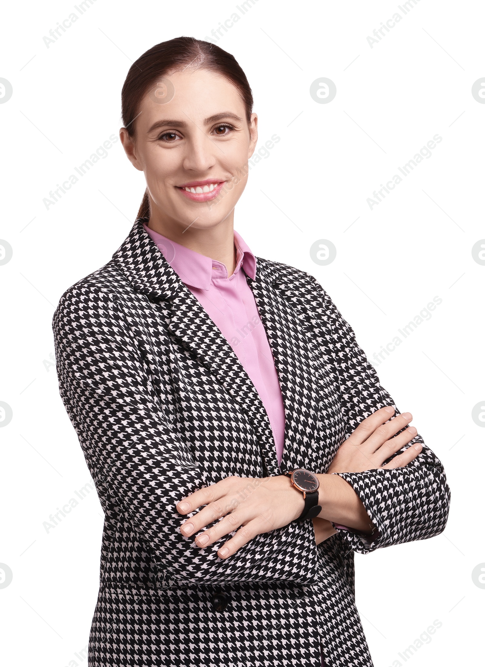 Photo of Portrait of banker with crossed arms on white background