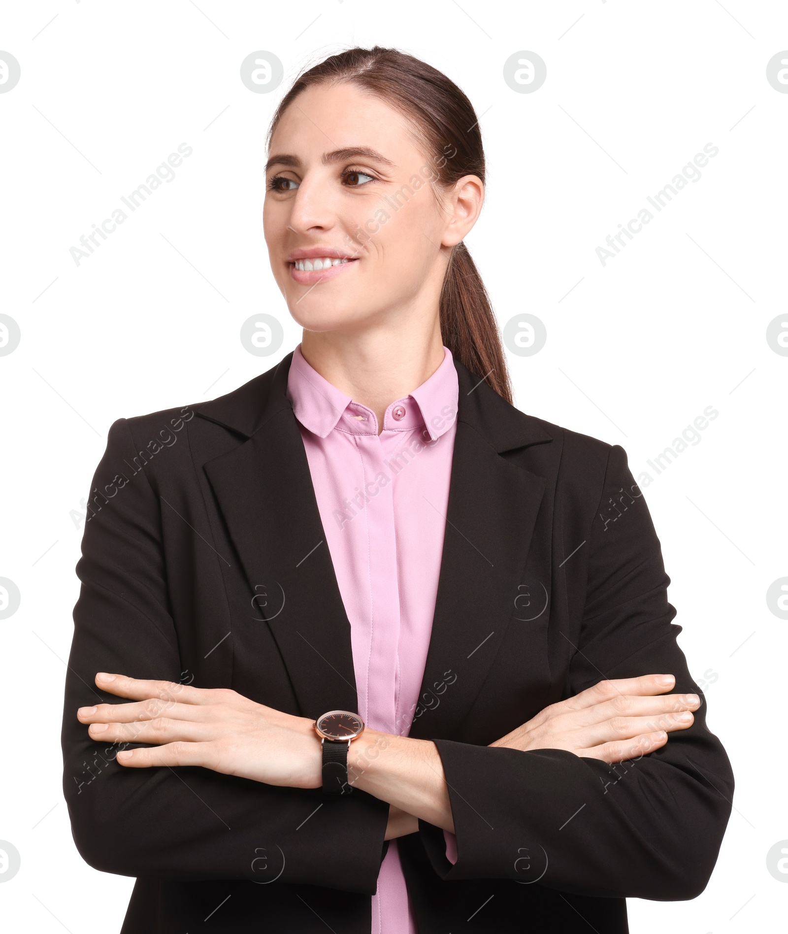 Photo of Portrait of banker with crossed arms on white background