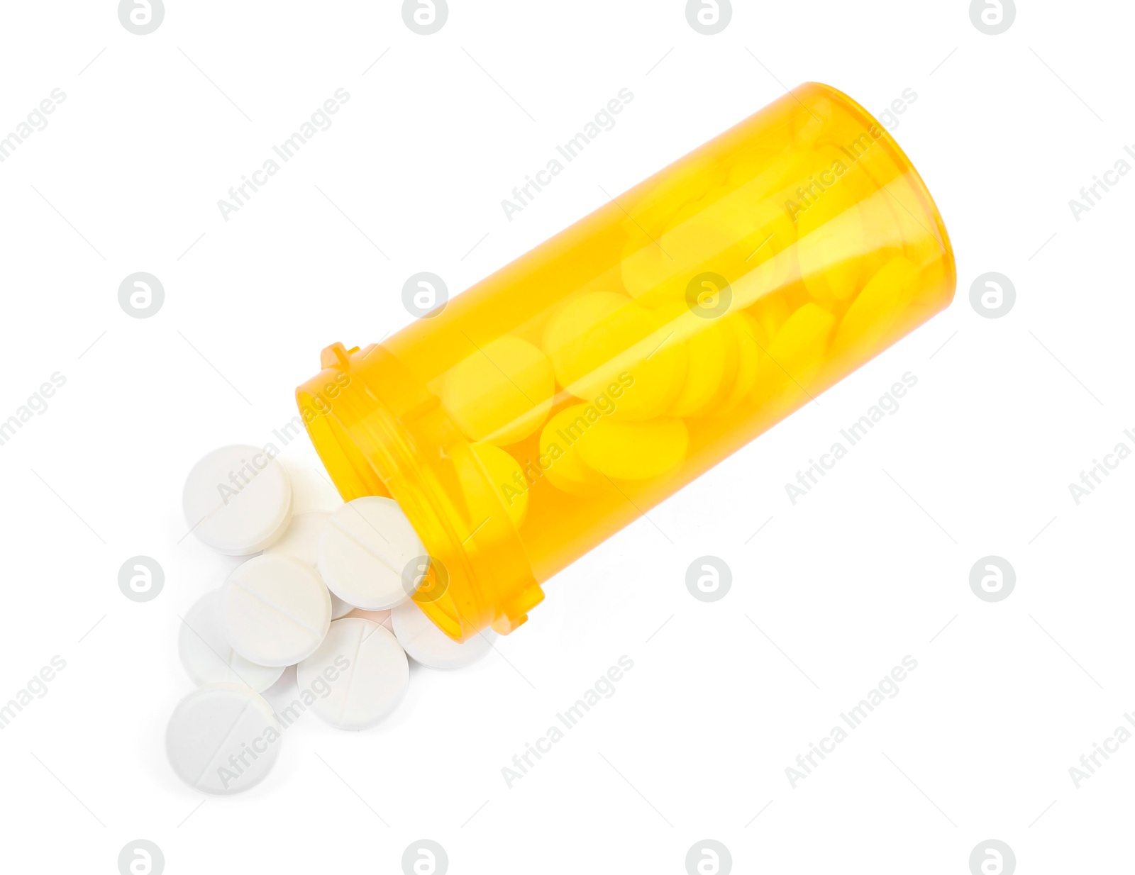 Photo of Medical bottle with antibiotic pills isolated on white, top view