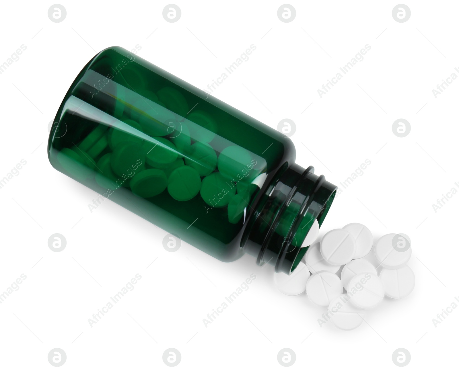 Photo of Medical bottle with antibiotic pills isolated on white, top view