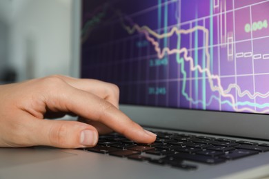 Photo of Businesswoman using laptop indoors, closeup. Modern technology