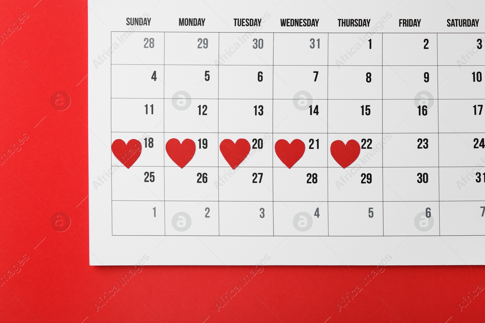 Photo of Menstruation. Calendar with marked dates on red background, top view