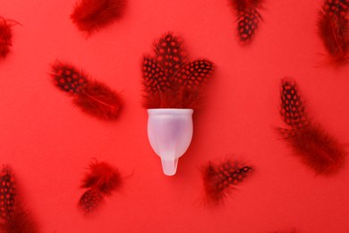 Menstrual cup with feathers on red background, flat lay