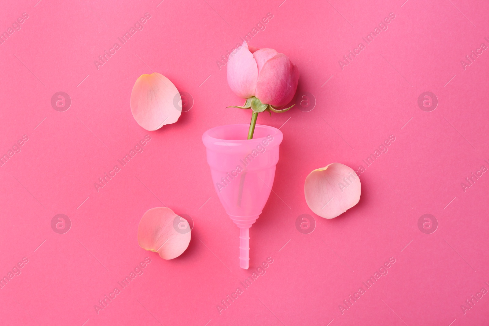 Photo of Menstrual cup and flower on pink background, top view