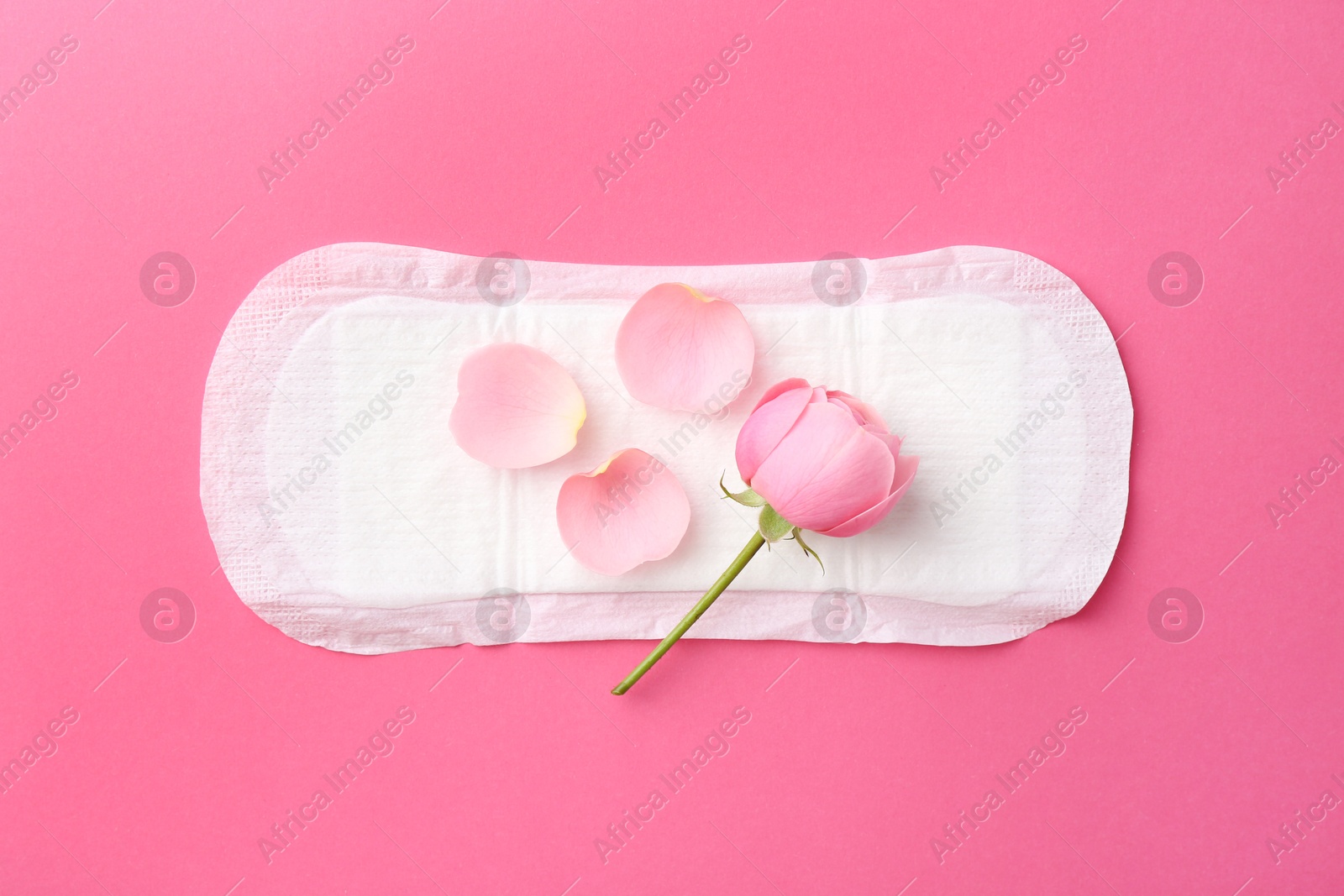 Photo of Menstrual pad with flower on pink background, top view