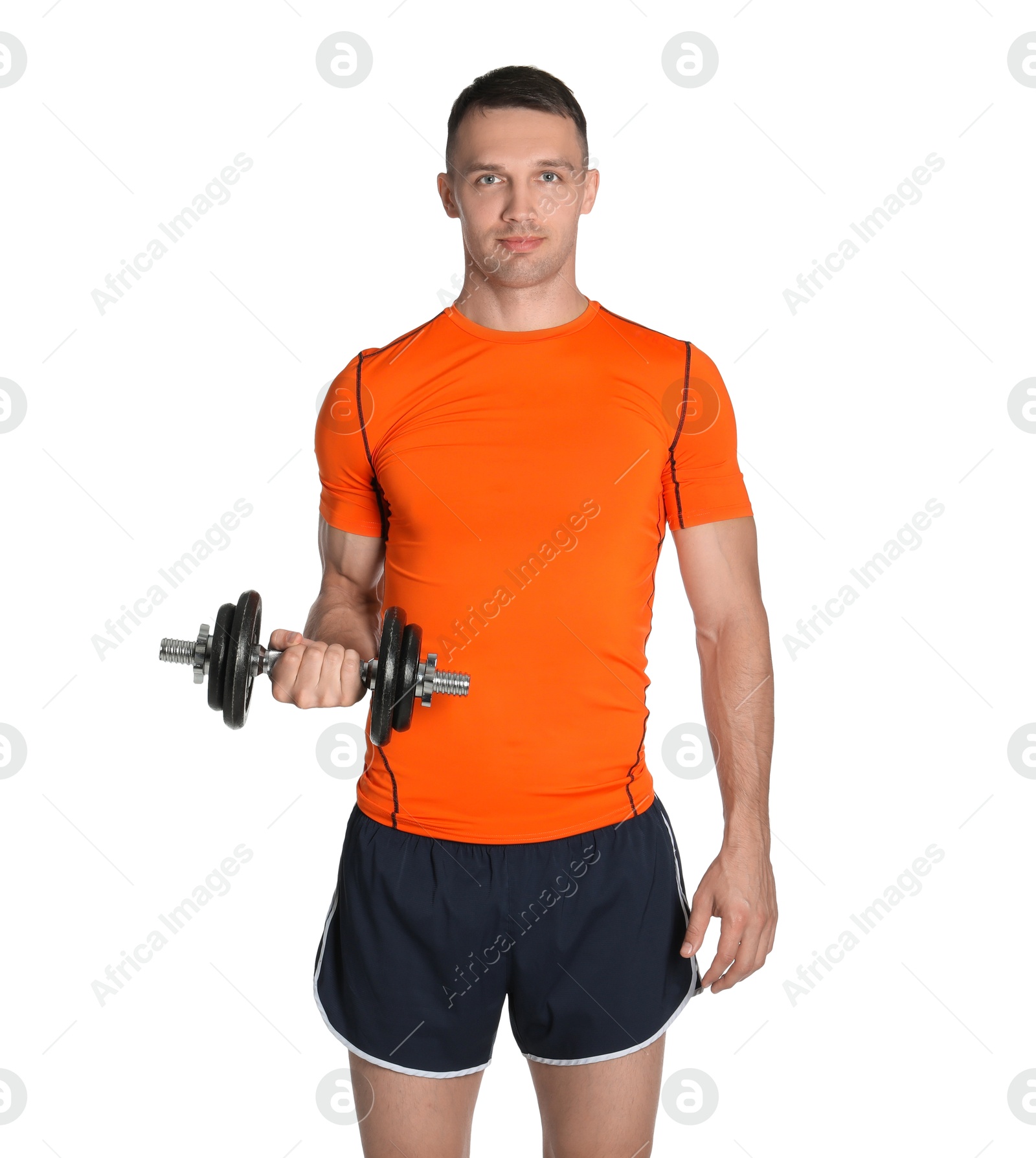 Photo of Man exercising with barbell on white background