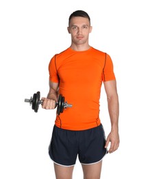 Photo of Man exercising with barbell on white background