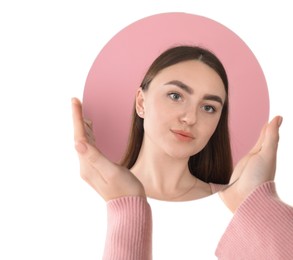 Woman holding round mirror on white background, closeup