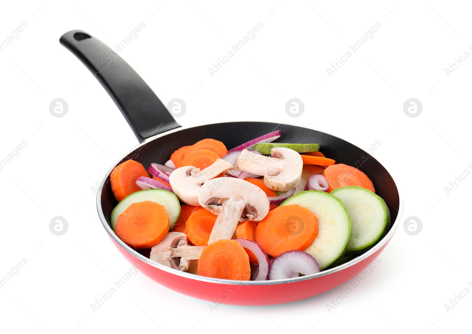 Photo of Frying pan with mix of fresh vegetables and mushrooms isolated on white