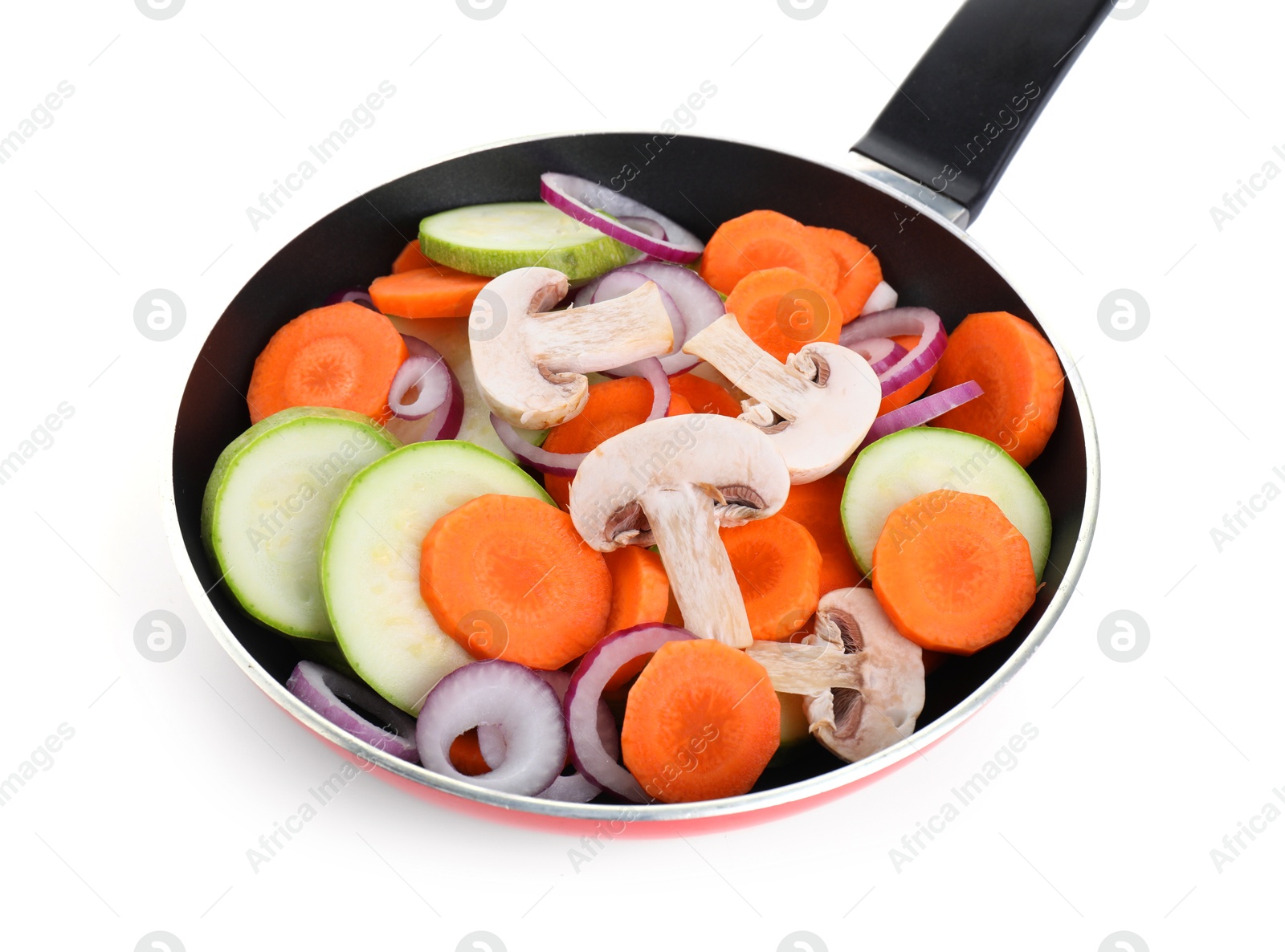 Photo of Frying pan with mix of fresh vegetables and mushrooms isolated on white