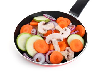 Photo of Frying pan with mix of fresh vegetables and mushrooms isolated on white