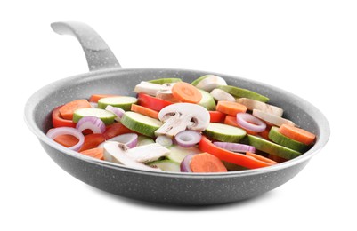 Photo of Frying pan with mix of fresh vegetables and mushrooms isolated on white