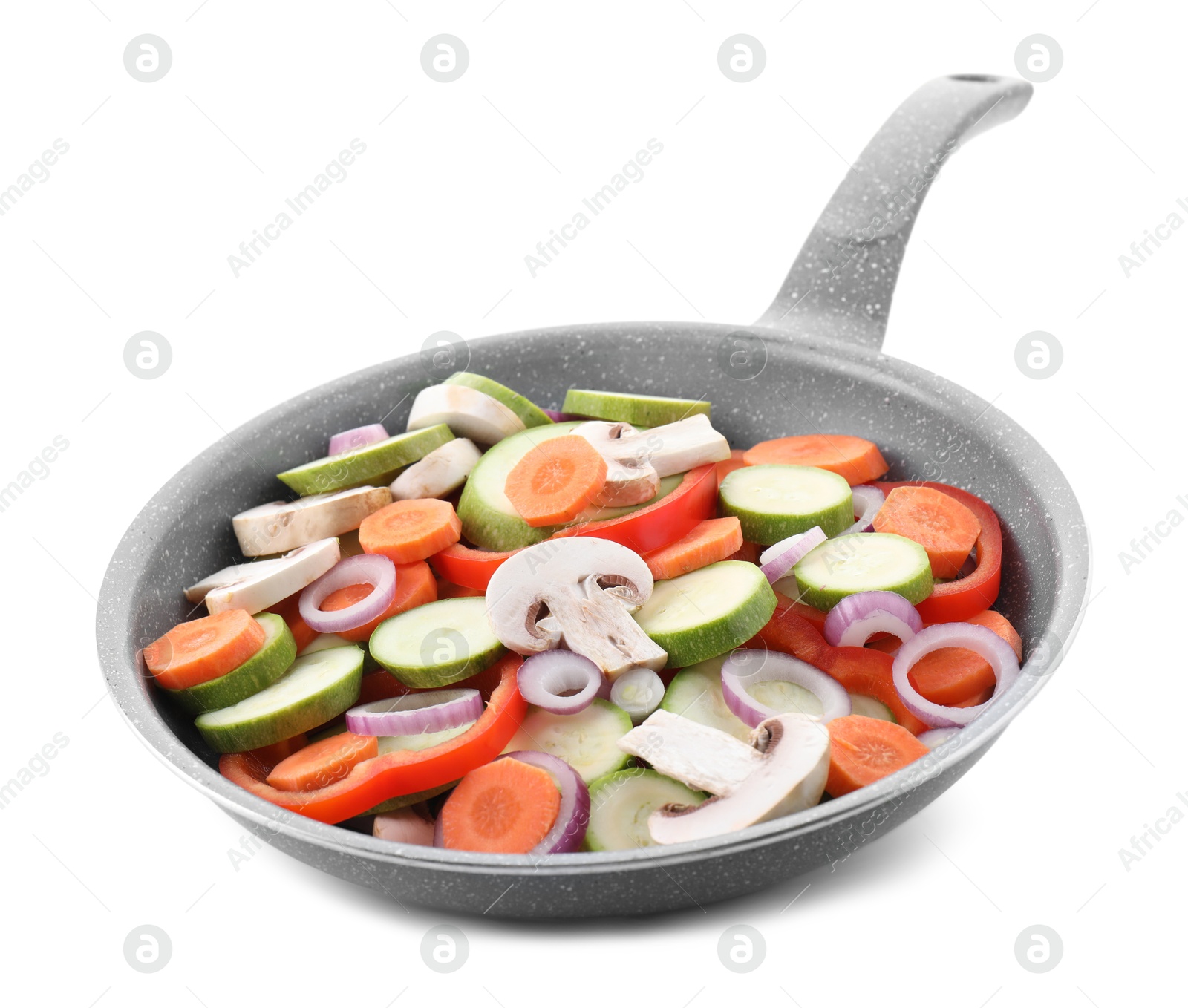 Photo of Frying pan with mix of fresh vegetables and mushrooms isolated on white