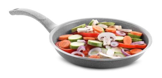 Photo of Frying pan with mix of fresh vegetables and mushrooms isolated on white