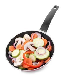 Photo of Frying pan with mix of fresh vegetables and mushrooms in air isolated on white