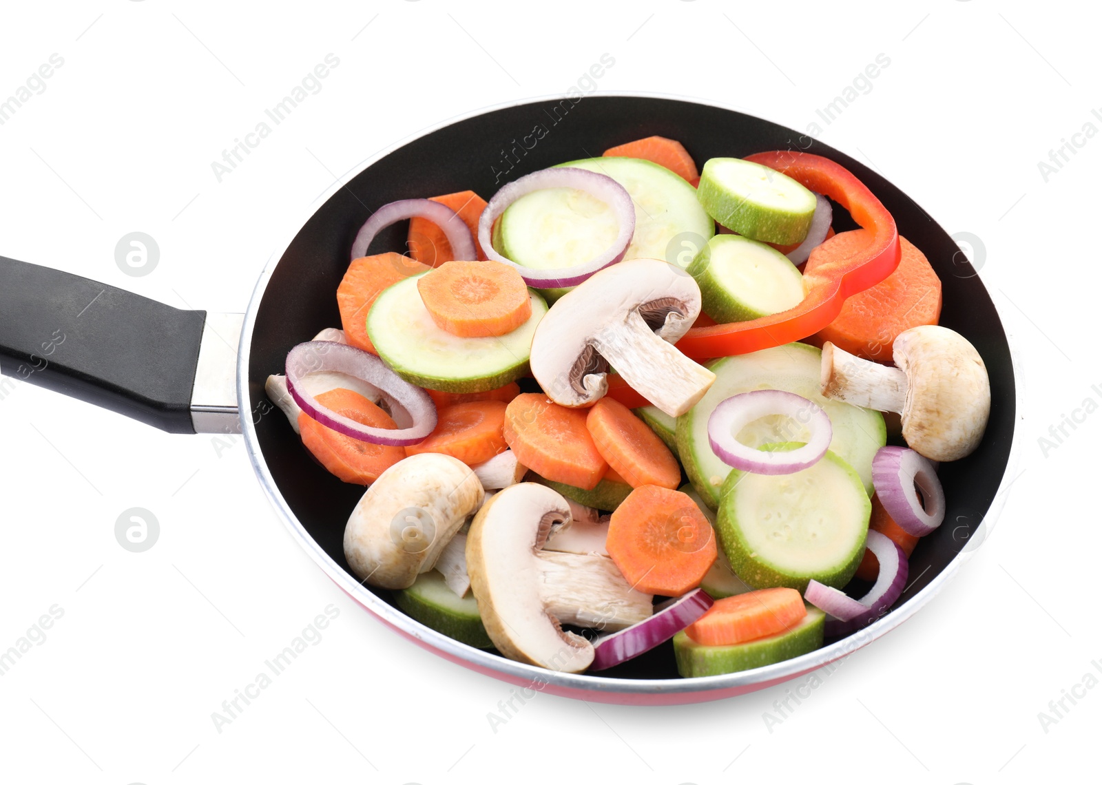 Photo of Frying pan with mix of fresh vegetables and mushrooms isolated on white