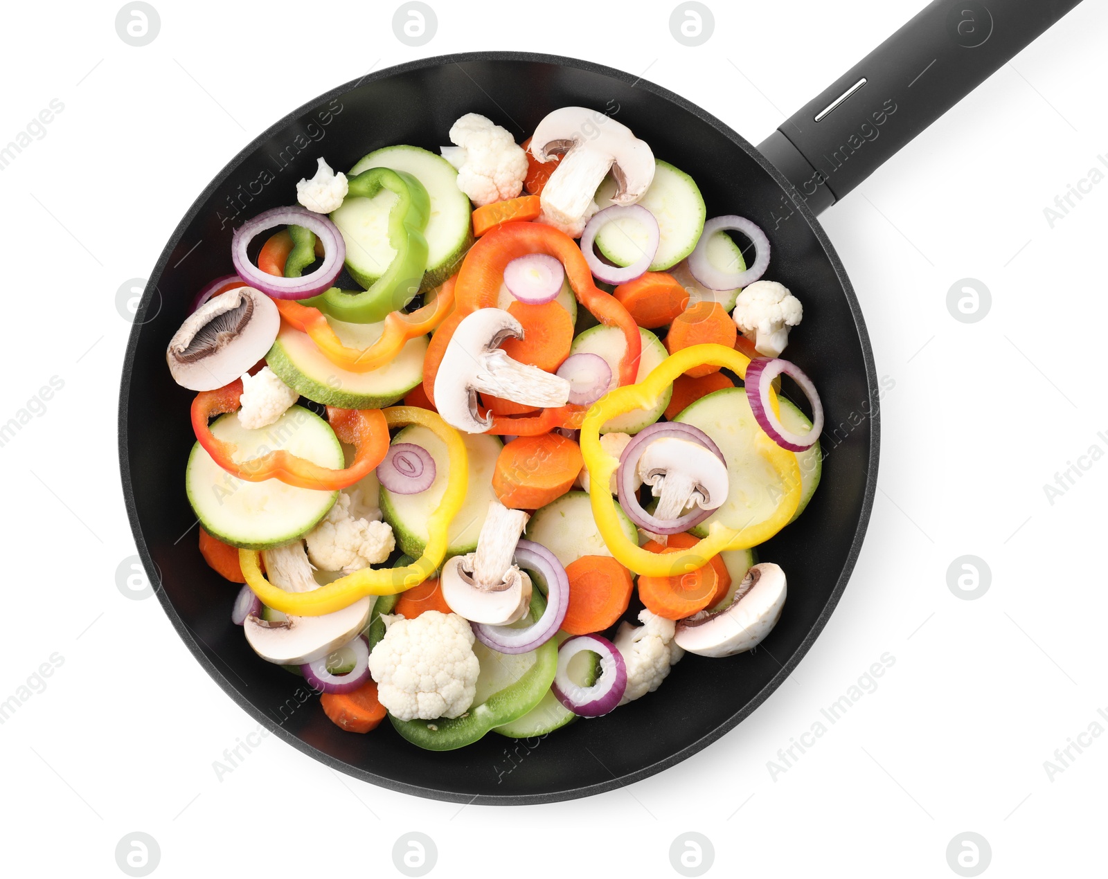 Photo of Frying pan with mix of vegetables and mushrooms isolated on white, top view