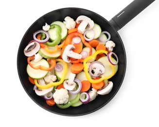 Photo of Frying pan with mix of vegetables and mushrooms isolated on white, top view