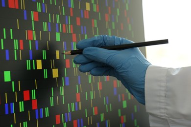 Photo of Scientist analyzing DNA data in laboratory, closeup