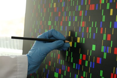 Photo of Scientist analyzing DNA data in laboratory, closeup