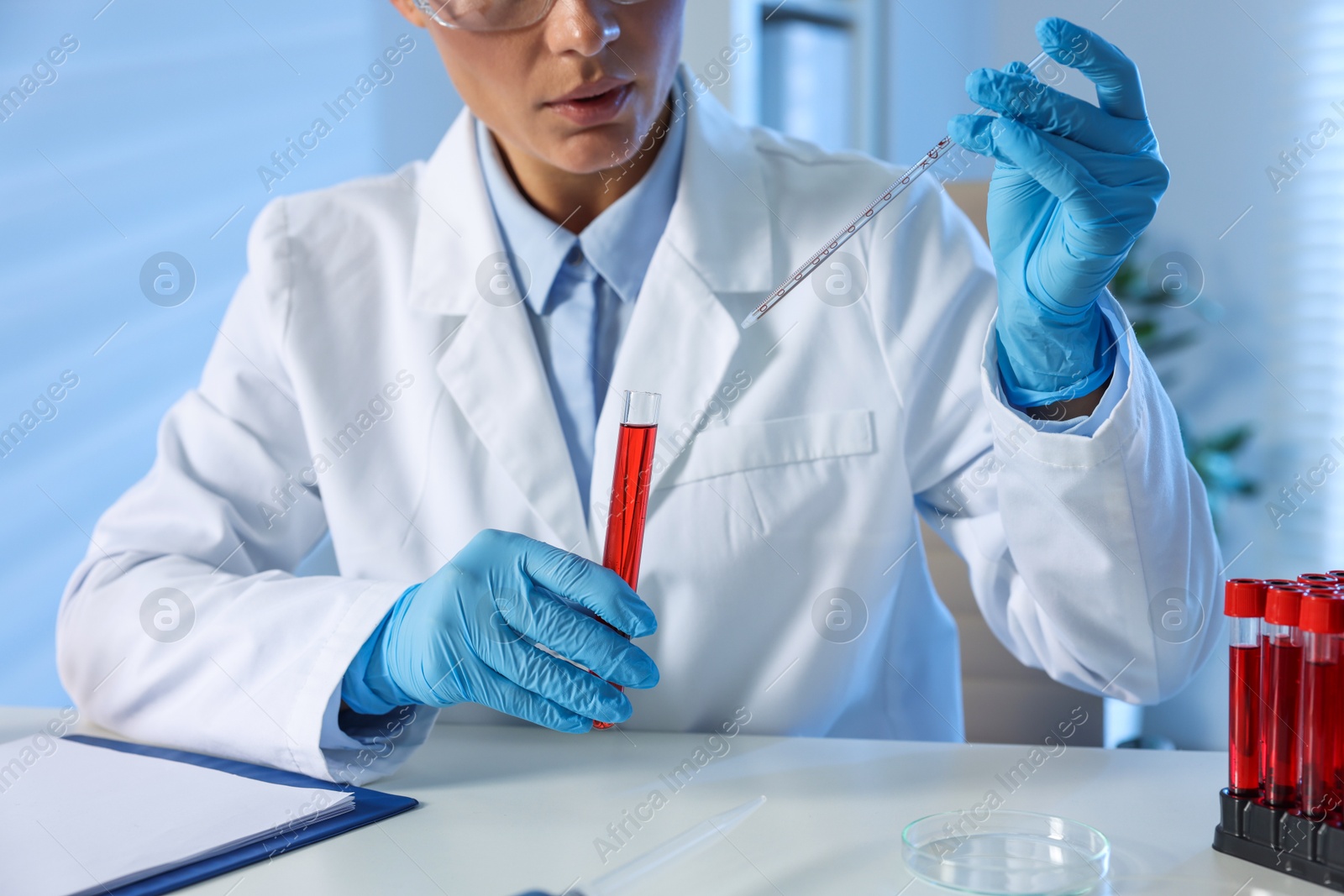 Photo of Laboratory testing. Doctor with blood sample and pipette indoors, closeup