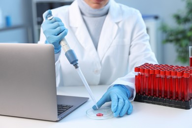 Photo of Laboratory testing. Doctor dripping blood sample into Petri dish at table indoors, closeup