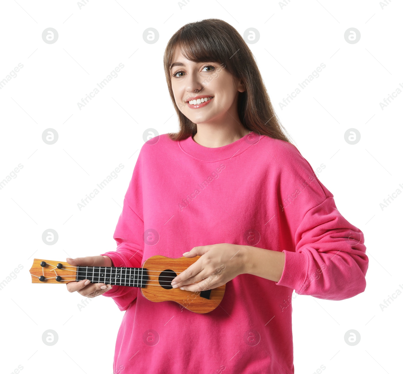 Photo of Happy woman playing ukulele on white background