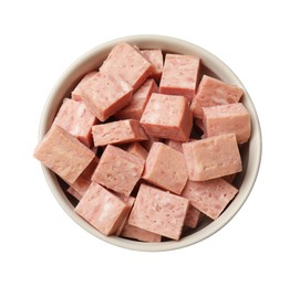 Photo of Pieces of canned meat in bowl isolated on white, top view