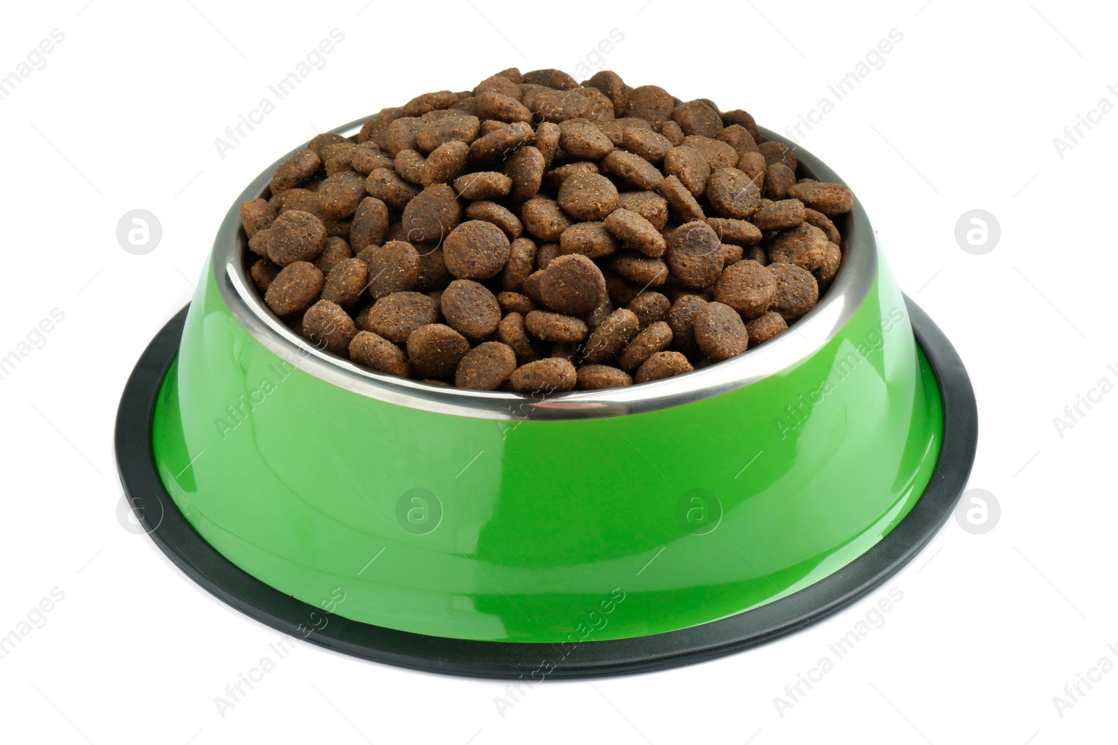 Photo of Dry pet food granules in feeding bowl isolated on white