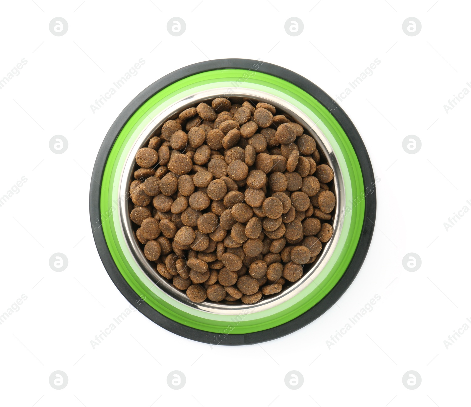 Photo of Dry pet food granules in feeding bowl isolated on white, top view