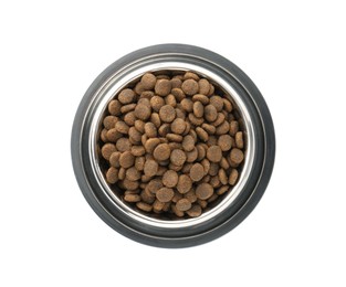 Photo of Dry pet food granules in feeding bowl isolated on white, top view