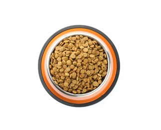 Photo of Dry pet food granules in feeding bowl isolated on white, top view