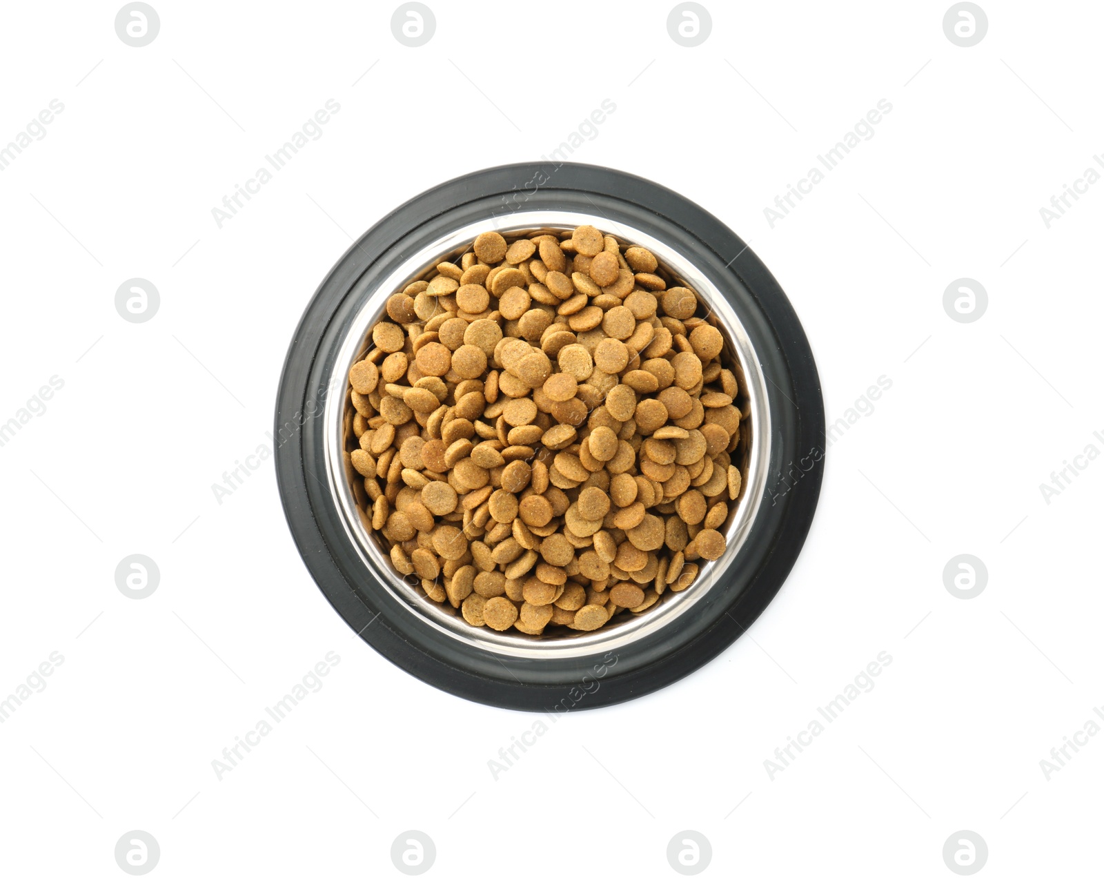 Photo of Dry pet food granules in feeding bowl isolated on white, top view