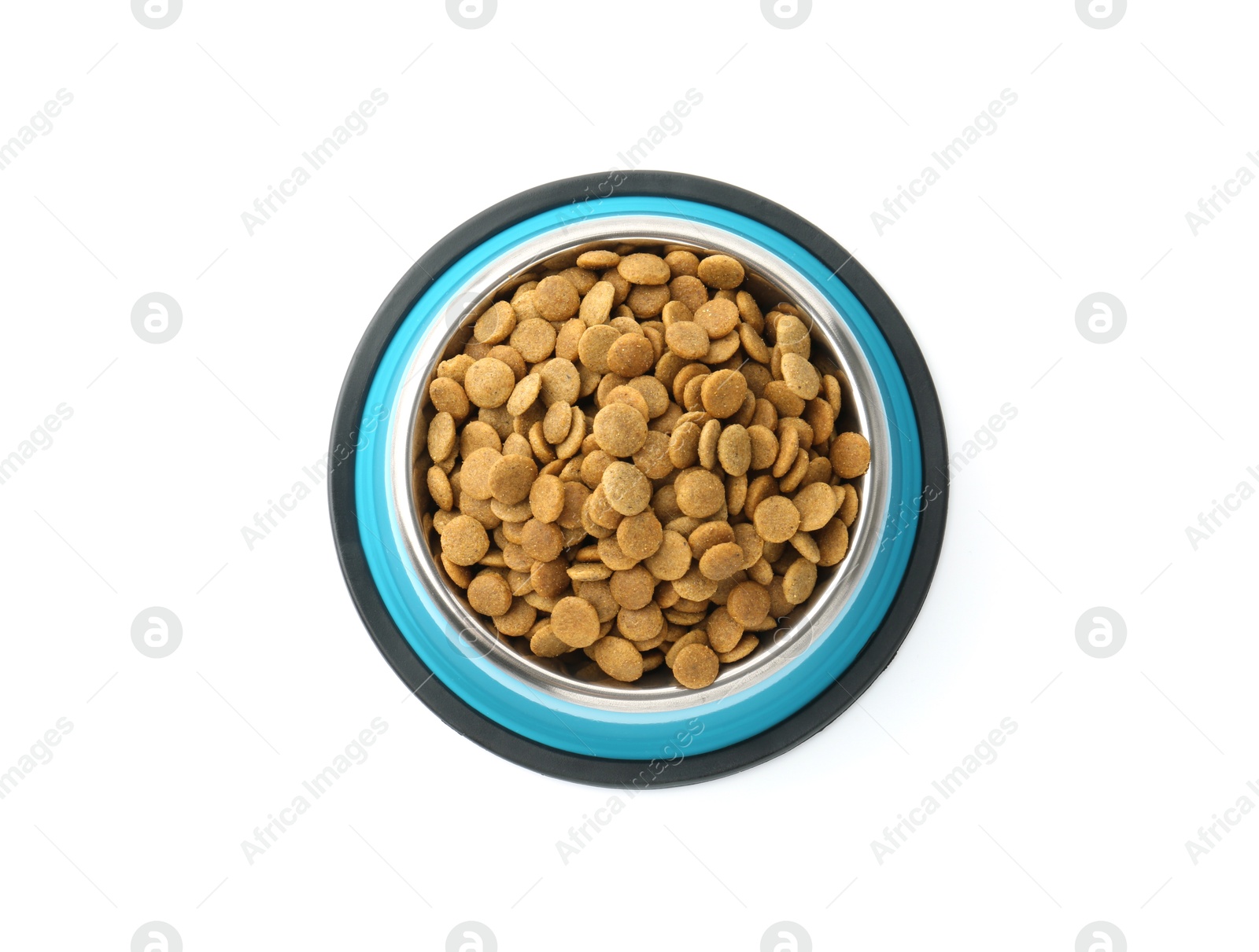 Photo of Dry pet food granules in feeding bowl isolated on white, top view