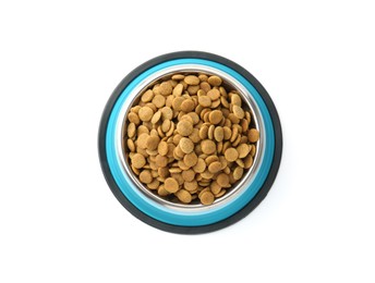 Photo of Dry pet food granules in feeding bowl isolated on white, top view